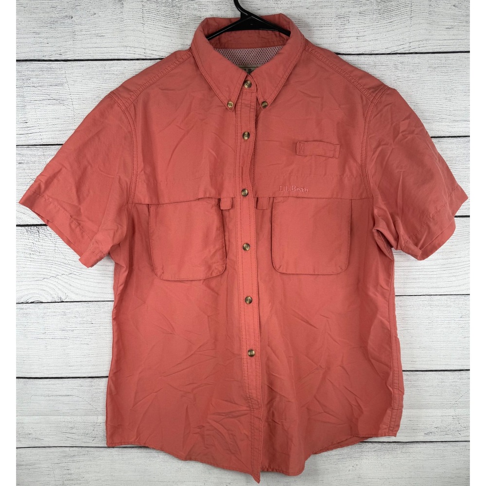 LL Bean Womens Short Sleeve Button Down Shirt Large Coral Outdoor Fishing Hiking